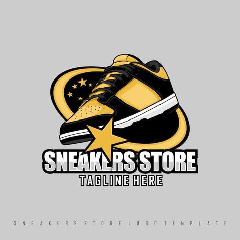 Sneakers store logo template, with a gra... | Premium Vector #Freepik #vector #sneakers #shoes-sneakers #sport-shoes #cartoon-shoes Shoe Logo Design, Iphone Wallpaper Off White, Wallpaper Off White, Shoes Cartoon, Store Logo, Cartoon Shoes, Sneaker Stores, Dream Shoes, Gray Background