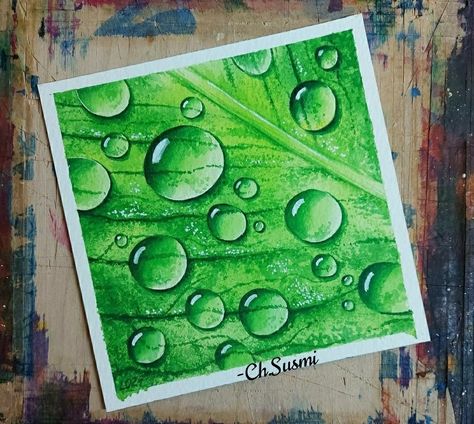 Painting Of Water, Water Drop On Leaf, Boho Painting, Easy Canvas, Easy Canvas Painting, Leaf Drawing, Color Pencil Art, Color Pencil, Water Painting