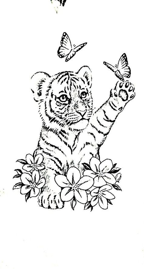 Tiger Illustration Tattoo, Tiger Small Tattoo, Tiger Cub Drawing, Tiger Cub Tattoo, Tiger Tattoo Ideas, Cute Tattoo Ideas, Cubs Tattoo, Mom And Baby Elephant, Cute Dragon Drawing