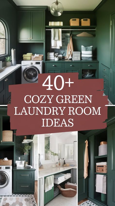 40+ Inspiring Green Laundry Room Transformations to Try Green And Cream Laundry Room, Laundry Room With Sage Green Cabinets, Sage Laundry Room Cabinets, Green Laundry Room With Wallpaper, Color Drench Small Laundry Room, Laundry Room Ideas Moody, Dark Green Cabinets Laundry Room, Sage Green Laundry Room Walls, Green Cabinet Laundry Room