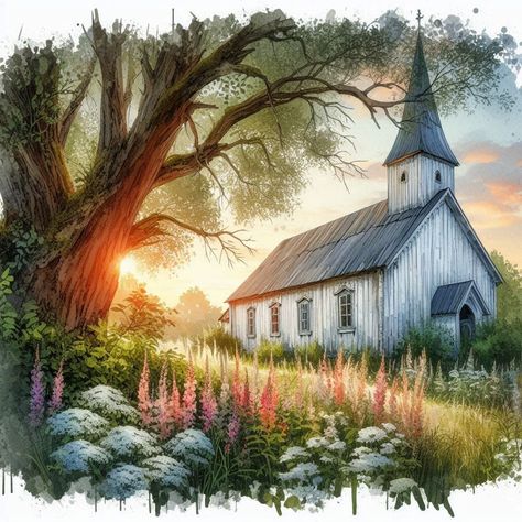 Old Church Paintings, Sumer Landscape, Headboard Painting, Painted Guitars, Church Painting, Church Images, Country Churches, Old Country Churches, Church Pictures