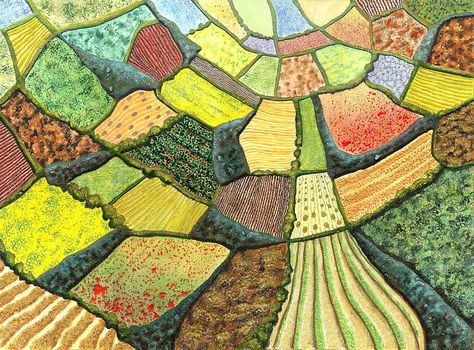 Rural Rhythms (mixed media on paper) by Lynne Henderson #lynnehendersonarts #fields #countryside #farming #patchwork  #painting #abstract #landscape #aerial Patchwork Fields, Irish Country, Field Paint, Countryside Paintings, Farm Field, Farm Paintings, Aerial Arts, Fields Photography, Country Landscaping