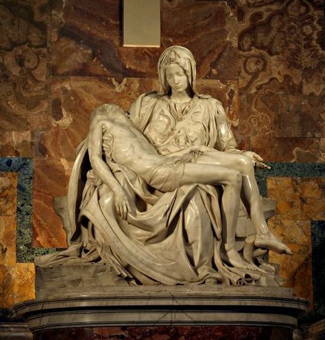 La Pieta by Michaelangelo at age 24 his first sculpture is in St. Peter's Basilica, Vatican City, Italy of Mary holding the lifeless body of her son; Jesus,as he was brought down from the cross. One arm holds him tight, while in the same motion the other hand extendeding, offering him to the world. Nothing to comfort her. Peters Basilica, Michelangelo Sculpture, La Pieta, Rob Sheridan, Michael Angelo, Lorenzo Bernini, Istoria Artei, Jan Van Eyck, St Peters Basilica