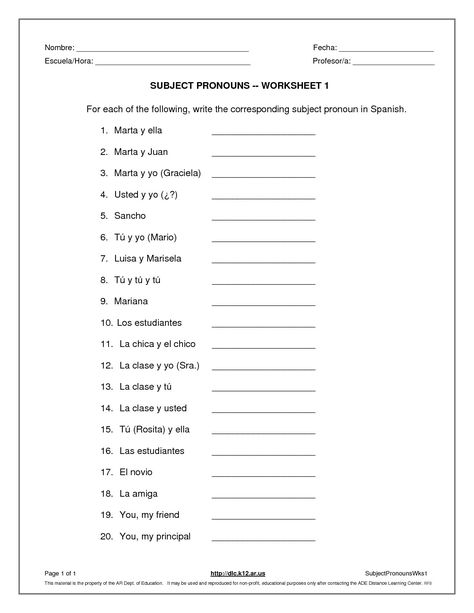 The Subject Pronouns Worksheet 1 Spanish Answer Key template is a very useful tool. In spreadsheets, you can coordinate data and do calculations really efficient and simple way. These sample spreadsheet can allow you to with a number of purposes in creating your own personal Subject Pronouns Worksheet 1 Spanish Answer Key. Spanish Pronouns Worksheet, Subject Pronouns Worksheet, Indirect Object Pronouns Spanish, Spanish Pronouns, Beginner Spanish Worksheets, Spanish Subject Pronouns, Personal Pronouns Worksheets, Pronouns Worksheet, Subject Pronouns