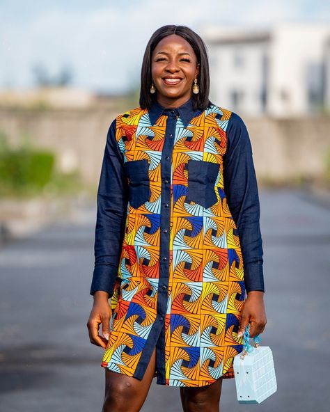 Bebeoku shirt dress (ankara & jean combo) is a classy dress. occasion: friday office wear, dates, casual events. high quality ankara and jean fabrics available in size 10 - size 18  care instruction: hand wash only iron on wrong side no bleach hang dry African Fabric Dress Classy, Casual Ankara Dresses, Friday Office Wear, Ankara And Jeans, Ankara Shirt Dress, Ankara Shirt, African Fabric Dress, Dress Ankara, African Print Dress Ankara