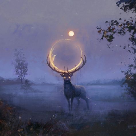 A Deer, Full Moon, The Middle, At Night, Deer, Moon, Art