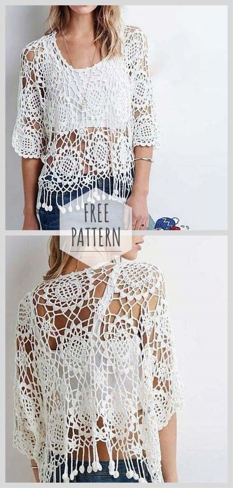 Crochet White Summer Top Free Pattern Crochet Lace Shirt Free Pattern, Boho Granny Square Pattern Free, Crochet Lace Top Pattern Free, Crocheted Shirts, Crochet Tops Free Patterns Boho, White Summer Top, Granny Square Häkelanleitung, Crochet Blouse Free Pattern, Crochet Vests