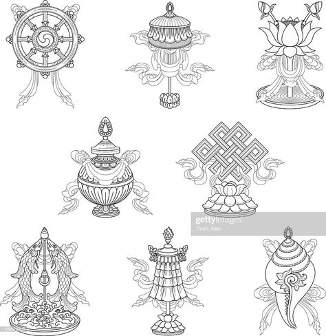 stock illustration : Eight auspicious signs / Ashtamangala (Line drawing) – (Buddhist symbols) Buddhist Symbol Tattoos, Buddhism Tattoo, Eight Auspicious Symbols, Symbols Tattoo, Buddhism Symbols, Buddhist Tattoo, Buddhist Symbols, Symbol Tattoo, Buddha Tattoo