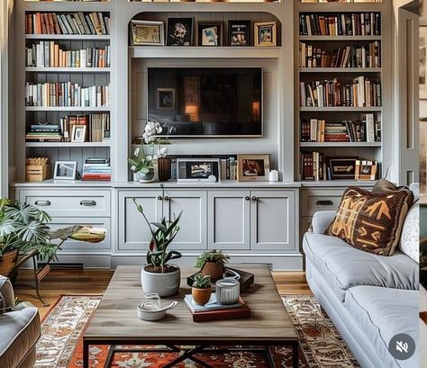 Bookcases With Tv In Middle, Frame Tv Bookshelves, Living Room Built In Decor, Bookshelf Around Tv, Bookshelf With Tv, Living Room Built Ins Decor, Living Room Bookshelves Built Ins, Small Tv Room Ideas, Tv And Bookcase Wall