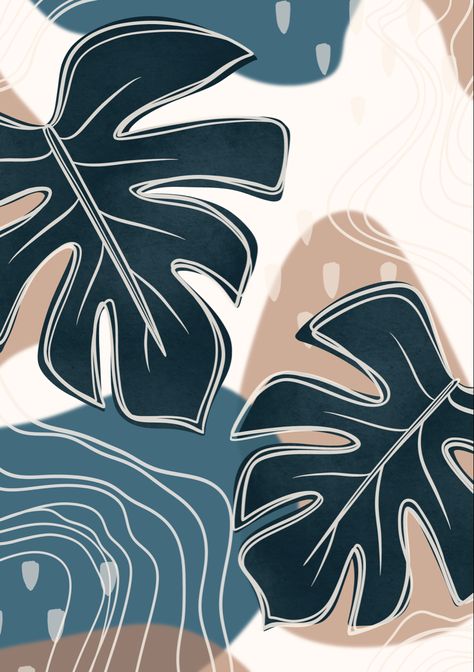 Cute and simple boho monstera line art design, in blue and brown color tones. Simple and aesthetic. Blue And Brown Wall Art, Boho Painting Wallpaper, Boho Art Blue, Simple Boho Art, Monstera Wallpaper Aesthetic, Boho Painting Blue, Simple Line Art Aesthetic, Aesthetic Plants Drawing, Simple Boho Painting Ideas