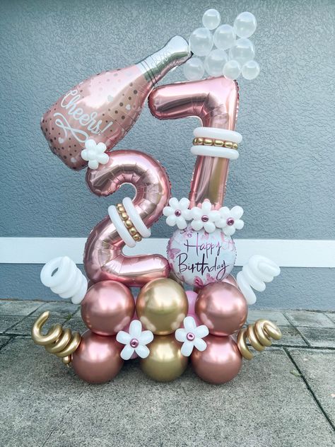 Small Number Balloon Bouquet, 21st Balloon Bouquet, 21 Birthday Balloon Bouquet, Pink Balloon Arrangements, Champagne Balloon Bouquet, 21 Balloon Bouquet, Balloon Arrangements Birthday, Pink Balloon Bouquet, Fairy Tiktok