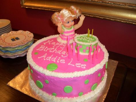 Baby Doll Party Birthday Cake  (i'm thinking I'll do a cake like this, but with 2 baby dolls on it for my girls!) Baby Doll Cake, Baby Doll Party, Party Birthday Cake, Rainbow Birthday Cake, 3rd Birthday Cakes, Twin First Birthday, Doll Party, Cake Online, Childrens Birthday Cakes