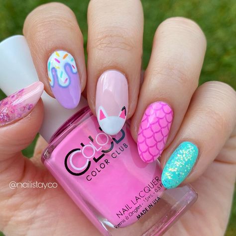 My nails for my daughter’s birthday party 🎈 The theme was ‘Gabby’s Dollhouse’ and that little guy you see is Pandy Paws. I used: >… | Instagram Pandy Paws, Gang Color, Free Barbie, Turquoise Glitter, Latest Nail Art, Cat Nails, Color Club, Acrylic Nails Coffin Short, Dipped Nails