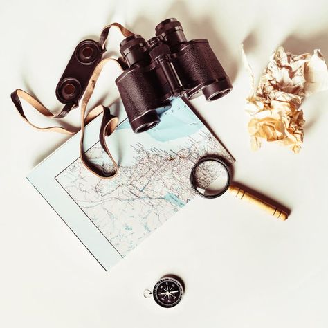 Vintage travel still life royalty free stock photography Crumpled Paper, Life Map, Paper Vintage, Vector Artwork, Stock Photography Free, Top View, Vintage Travel, Binoculars, Be Still