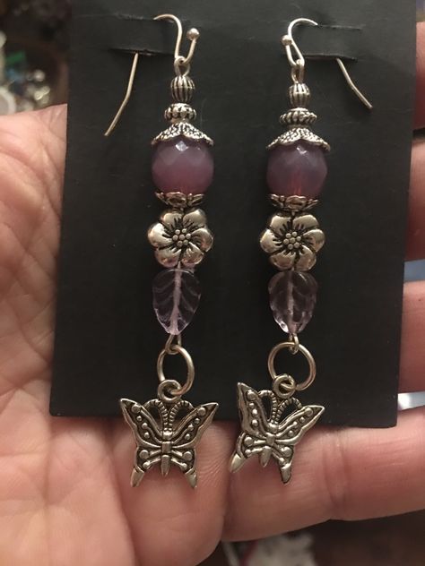 Made by Purple glass bead with silver butterflies Diy Silver Earrings, Silver Butterflies, Indie Jewelry, Jewelry Accessories Ideas, Diy Wire Jewelry, Dope Jewelry, Homemade Jewelry, Handmade Wire Jewelry, Funky Jewelry