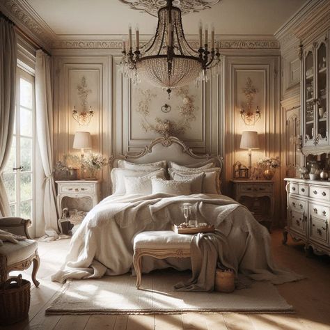 French Country Bedroom Cozy Neutral Bedroom Romantic, French Country Master Bedrooms, French Romantic Bedroom, Modern French Provincial Bedroom, French Style Home Interior, French Bedroom Decor Vintage, French Modern Bedroom, Romantic Vintage Bedroom Ideas, Parisian Bedroom Aesthetic