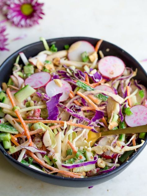 Summer Slaw with Tahini Dressing Slaw Dressing Recipe, Tahini Slaw, Tahini Vinaigrette, Summer Slaw, Slaw Dressing, Salad Inspiration, Summer Side Dish, Summer Veggies, Summer Side Dishes