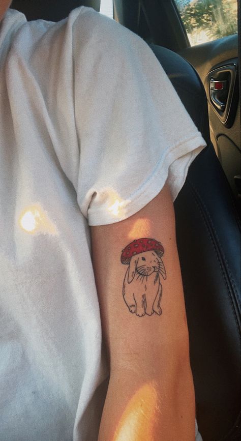 Bunny Eating Strawberry Tattoo, Bunny Mushroom Tattoo, Strawberry Bunny Tattoo, Mushroom Bunny, Cowboy Hat Tattoo, Hat Tattoo, Strawberry Tattoo, Bunny Tattoo, Glasses Tattoo