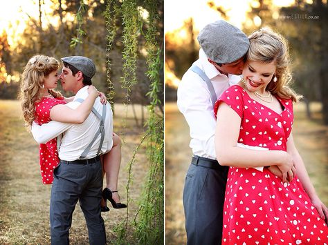 Sweet! Pinup Engagement Photos, Vintage Prenup, 50s Photography, Notebook Photoshoot, Vintage Couple Photography, Vintage Engagement Photoshoot, Prohibition Style, Mother Baby Photography, Pinup Photoshoot