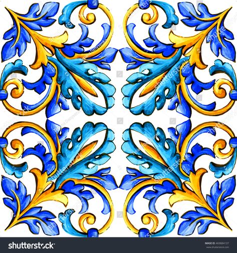 Italian Majolica Tiles, Italian Ornaments, Italian Tiles Pattern, Majolica Tiles, Italian Pattern, Italian Majolica, Majolica Pottery, Portrait Cartoon, Floral Ornament