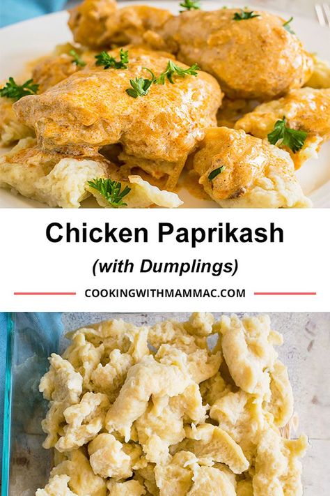 Chicken paprikash with dumplings on plate, dumplings in glass pan Chicken Paprikash Recipe With Dumplings, Paprikash Dumplings, Chicken Paprikash With Dumplings, Slovak Christmas, Hungarian Chicken Paprikash, Paprikash Recipe, Hungarian Chicken, Chicken Paprika, Hungarian Cake