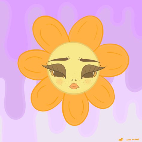 Orange petals, yellow centre. Sad facial expression but cute features like big eyes with lashes and a small pouty mouth. Purple background. Flower With Face Drawing Cartoon, Sunflower Character Design, Flower With Face Drawing, Flower With A Face, Flower With Face, Flowers With Eyes, Flowers With Faces, Happy Face Drawing, Procreate Flower