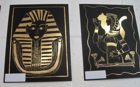 Gold Egyptian Art Project with Scratch Brite Portrait Art Lesson, Ancient Civilisations, 2nd Grade Art, 6th Grade Art, 3rd Grade Art, Ancient Egypt Art, Scratch Art, Egypt Art, Elementary Art Projects