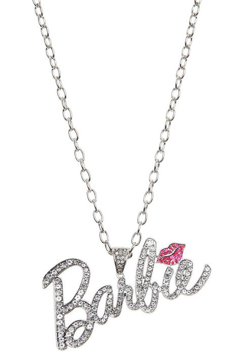 Barbie Necklace  http://www.hottopic.com/hottopic/Deals/Jewelry//Barbie+Pink+Kiss+Bling+Necklace-138111.jsp Barbie Necklace, Im A Barbie Girl, Bling Necklace, Pink Gem, Barbie Life, Barbie Birthday, Dope Jewelry, Black Barbie, Barbie And Ken