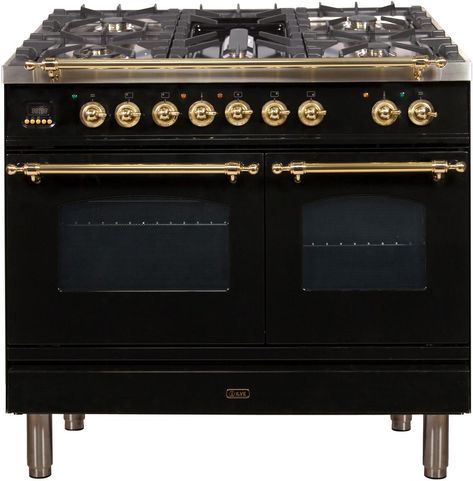 Nostalgie Series Dual Fuel Liquid Propane Range with 5 Sealed Brass Burners  3.55 cu. ft. Total Capacity True Convection Oven  Griddle  with Brass Trim  in Glossy Black UPDN100FDMPNLP 40 - America Best Appliances, LLC Freestanding Double Oven, Ilve Range, Freestanding Range, Door Grill, Double Ovens, Retro Appliances, Black Appliances, Steam Oven, Dual Fuel Ranges