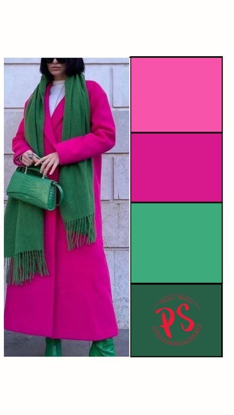 Colour Wheel Combinations, Hot Pink Accessories, Pink Combination, Olive Green Coat, Hot Pink Pants, Mix Match Outfits, Colour Combinations Fashion, Color Combos Outfit, Interesting Outfits