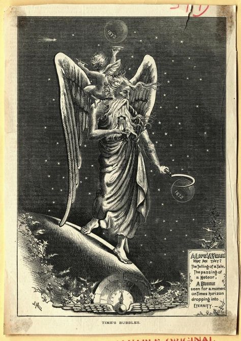 (Original Caption) Picture shows "Time Bubbles." Father Time is shown passing in the New Year while pushing away the old. The poem in the corner reads, "A Life] A Year] What are they? The telling of a tale, the passage of a meteor, A bubble Father Time Art, New Year's Drawings, Tattoo Time, Father Time, Victorian Decor, Time Art, Capricorn And Aquarius, Time Tattoos, Willie Nelson