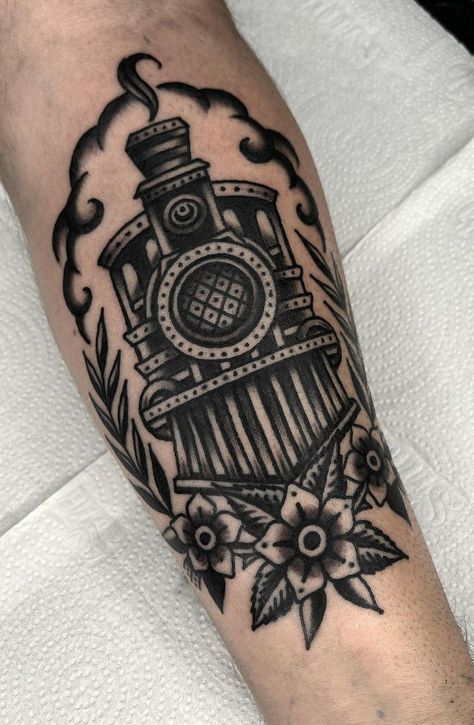 American Traditional Train Tattoo, Time Watch Tattoo, Train Tattoo, Traditional Tattoo Flash Art, Football Cups, Traditional Sleeve, Traditional Tattoo Sleeve, Watch Tattoos, Traditional Tattoo Flash