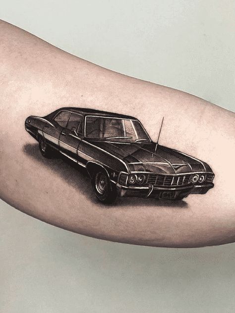 Race Car Tattoo For Women, Vintage Car Tattoo Design, Classic Car Tattoo Ideas, Old School Car Tattoo, Old Car Tattoo, Car Inspired Tattoos, Race Car Tattoo, Camaro Tattoo, Classic Car Tattoo