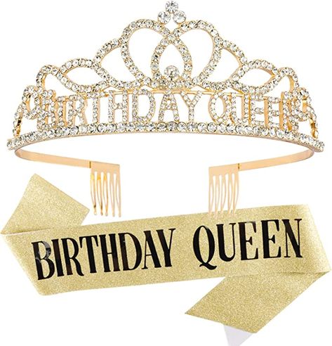 Birthday Crown Woman, Gold Jewelry With Crown Design For Birthday, 40th Birthday Crown For Women, Birthday Crown And Sash, Birthday Sash And Crown, Birthday Queen Sash, Gold Birthday Party Decorations, Birthday Sash, Crown For Women