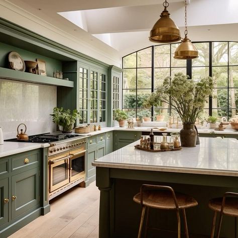 Kitchen English Style, Italian Inspired Home, Kitchen English, Mediterranean Kitchen, Kitchen Island Decor, Dream Kitchens Design, Southern House Plans, Green Cabinets, Kitchen Cabinet Colors