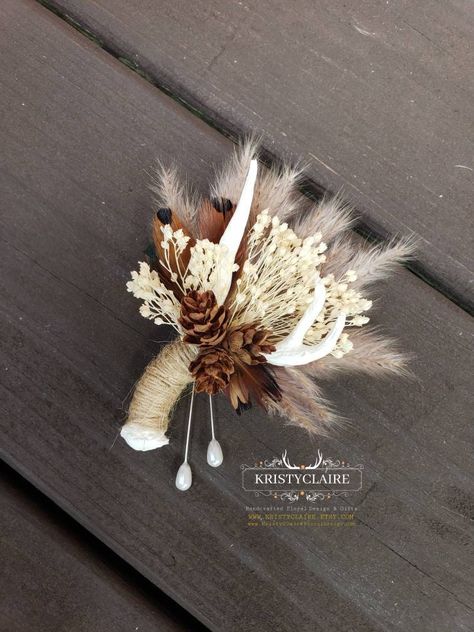 Hunting Boutonniere, Country Boutonniere, Dried Babysbreath, Antler Wedding Centerpieces, Pheasant Feather Wedding, Antler Boutonniere, Antler Wedding Decor, Western Wedding Groomsmen, Hunting Wedding Theme