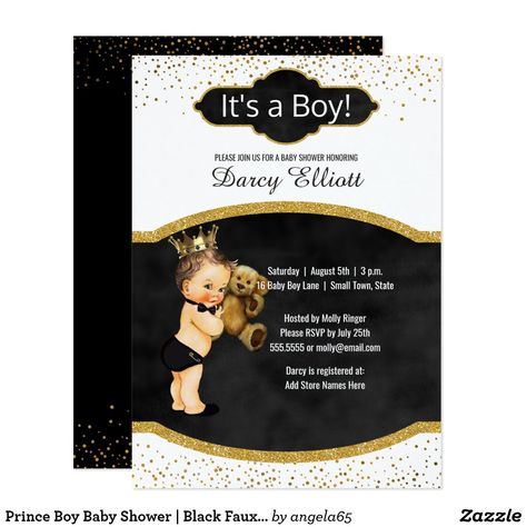 Prince Boy Baby Shower | Black Faux Gold Glitter Invitation Baby Shower Chic, Baby Girl Shower Invitations, Prince Baby Shower Invitations, Shower Black, Baby Shower Invitations Design, Custom Baby Shower Invitations, Boho Baby Shower Invitations, Prince Baby Shower, Glitter Invitations