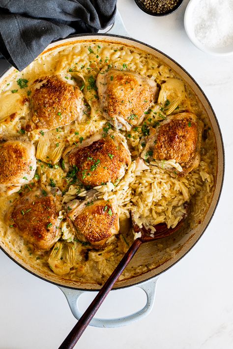 Artichoke Orzo, Orzo With Chicken, Quick Chicken Breast Recipes, Chicken Artichoke, Chicken Saltimbocca, Pan Sauce, Easy Chicken Thigh Recipes, Artichoke Chicken, Pot Dinners