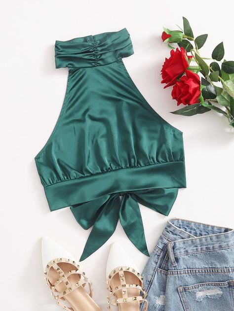 Crop Top En Satin, Crop Top Elegantes, Crop Tops Elegantes, Crop Top Elegante, Teal Crop Top, Fancy Crop Top, Halter Neck Tops, Elegant Crop Top, Blusas Crop Top