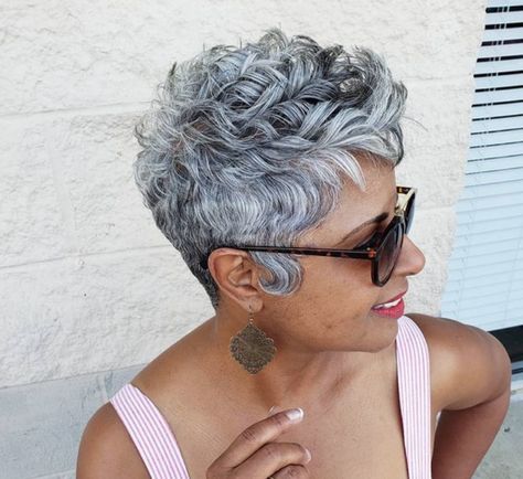 Short Hair Pixie Cuts Black Women, Mama Hair, Gray Hair Pixie Cuts, Finger Wave Hair, Black Hair Short Cuts, Grey Curly Hair, Short Silver Hair, Layered Short, Gorgeous Gray Hair