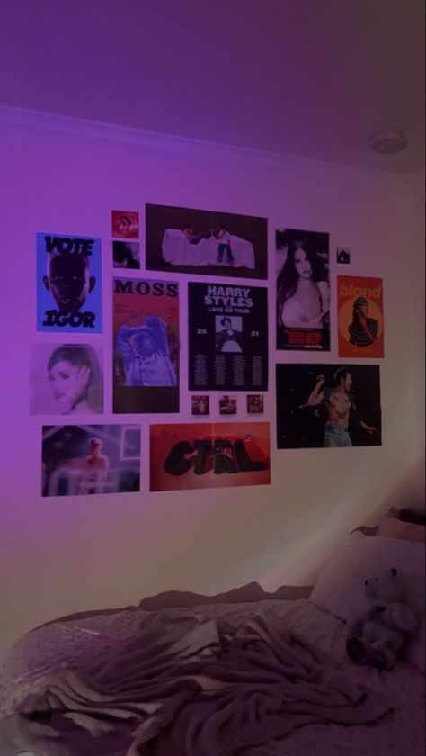 Room Decor Bedroom Poster Wall, Igor Poster Room, Bedroom Decor Ideas Posters, Music Poster Room Decor, Album Poster Wall Bedroom, Teen Posters Wall Bedroom Ideas, Where To Put Posters In Your Room, Sza Aesthetic Room, Room With Album Covers On Wall