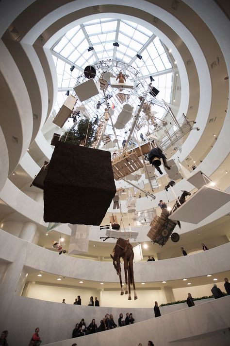 Maurizio Cattelan: All Retrospective at The Guggenheim Museum in New York. Would be amazing to be able to see it... Hanging Art Installation, Worms Eye View, Maurizio Cattelan, Artistic Installation, Guggenheim Museum, Albufeira, Sculpture Installation, Design Museum, Art Plastique