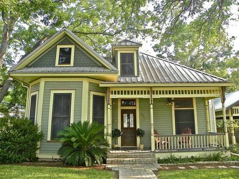 OldHouses.com - 1900 Victorian - Victorian Travis Heights in Austin, Texas Sage Green Victorian House, Folk Victorian House, Sage Cottage, Meadow Cottage, Victorian Exterior, Enchanted Cottage, Victorian House Plans, Green Cottage, Folk Victorian