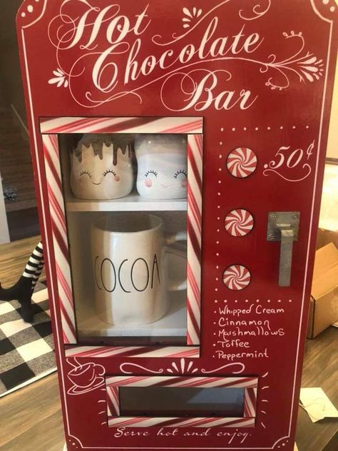 Hot Chocolate Dispenser Ideas, Hot Chocolate Stand Christmas, Diy Hot Chocolate Bar Dollar Tree, Hot Cocoa Bar Containers, Christmas Decorations Diy Hot Cocoa Bar, Christmas Tiered Tray Ideas Hot Cocoa, Diy Hot Chocolate, Hot Coco, Gingerbread Christmas Decor