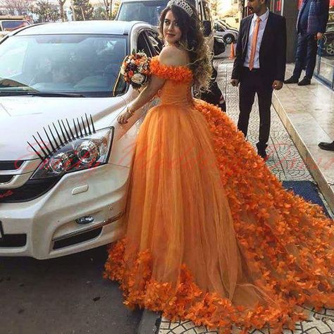 Orange Quinceanera Dresses, Orange Quinceanera, Big Prom Dresses, Feather Prom Dress, Flower Prom Dress, White Evening Gowns, Special Occasion Gowns, Long Train Wedding Dress, Prom Dresses Jovani