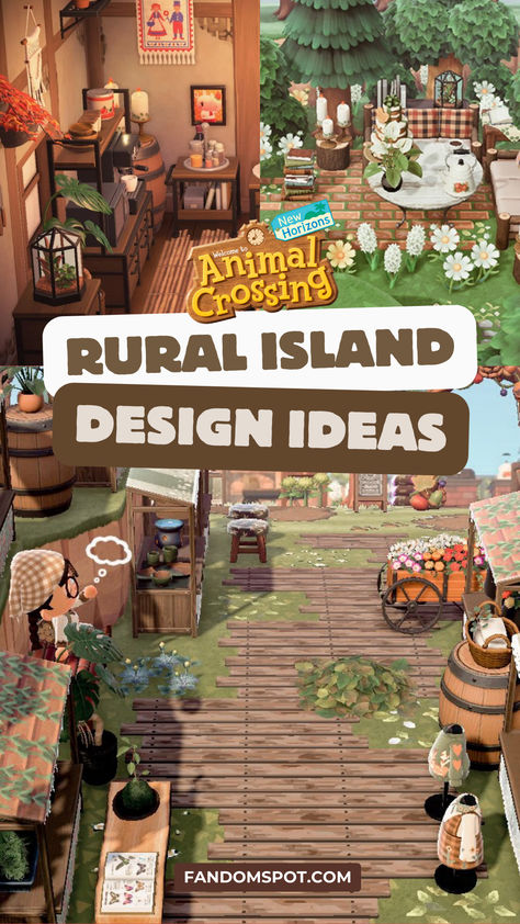 Animal Crossing: New Horizons custom rural island theme designs. Animal Crossing Resort Island, Deck Animal Crossing Code, Acnh Cottagecore Market, Acnh Island Map Layout Ideas Forestcore, Acnh Natural Island Entrance, Woodland Animal Crossing Island, Animal Crossing Construction Ideas, Acnh Countryside Theme, Outdoor Ideas Acnh