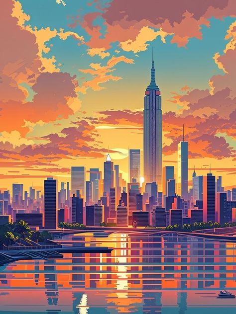 New York Cartoon Wallpaper, City Concept, Procreate Ideas, Modern Indian Art, Youtube Banner Backgrounds, City Cartoon, Sunset City, Sunset Landscape, City Wallpaper