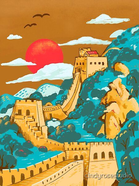 Beautiful Great Wall of China Illustration by Cindy Rose Studio. Part of the Seven Wonders of the World series. Visit instagram @cindyrosestudio for more travel art! Great Wall Of China Illustration, China Art Illustration, Great Wall Of China Drawing, Bedroom For Toddler Girl, China National Day, Seven Wonders Of The World, Magic Land, A Level Art Sketchbook, Geisha Art