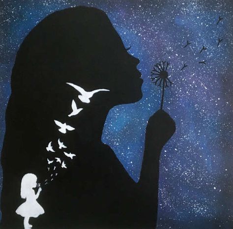 Dandelions Painting, Silhouette Girl, Blowing Dandelion, Dandelion Painting, Watercolor Girl, Silhouette Painting, Painting Media, Galaxy Painting, Galaxy Art