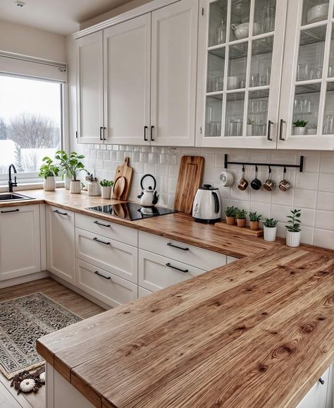 White Wood Cabinets Kitchen, Small Modern Farmhouse Kitchen Ideas, Boho Kitchen Countertop, Kitchen Remodel Wood Countertops, White And Brown Farmhouse Kitchen, White Kitchen Wooden Countertop, Small Vintage Kitchen Remodel, Cream Cabinets With Butcher Block Top, Clean Aesthetic Kitchen